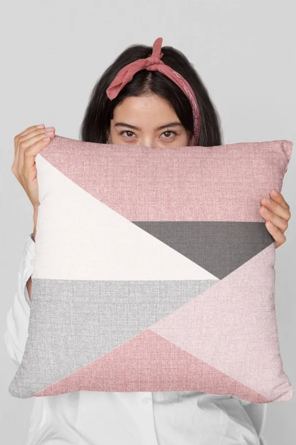 Geometrik Desenli Yastık Pembe Geometrik Desenli Çift Taraflı Kırlent Kılıfı KRL390
