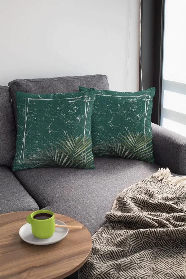 Tropikal Yastık Kılıfı Zümrüt Yeşili Çerçeveli Çift Taraflı Kırlent Kılıfı KRL402