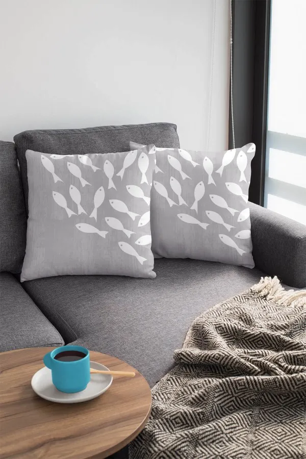 Gri Beyaz Yastık Kılıfı Gri Balık Desenli Çift Taraflı Yastık Kırlent Kılıfı KRL425