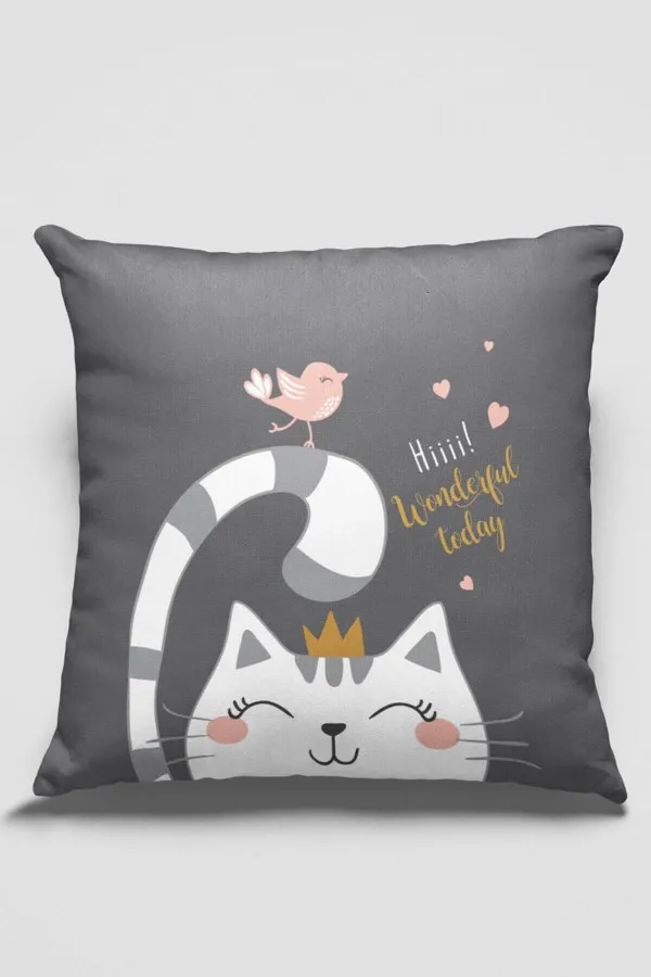 Kedi Desenli Yastık Gri Kedi Desenlili Çift Taraflı Yastık Kırlent Kılıfı KRL440