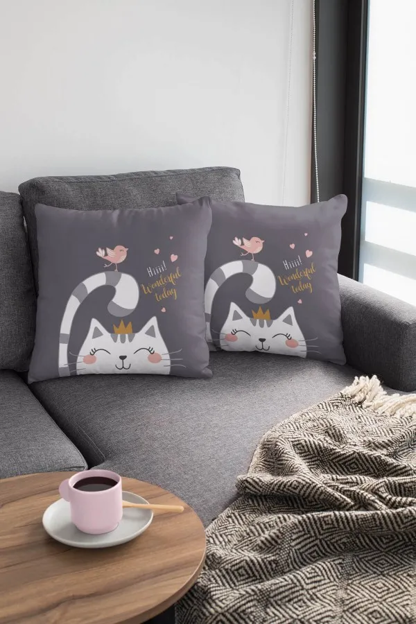 Kedi Desenli Yastık Gri Kedi Desenlili Çift Taraflı Yastık Kırlent Kılıfı KRL440