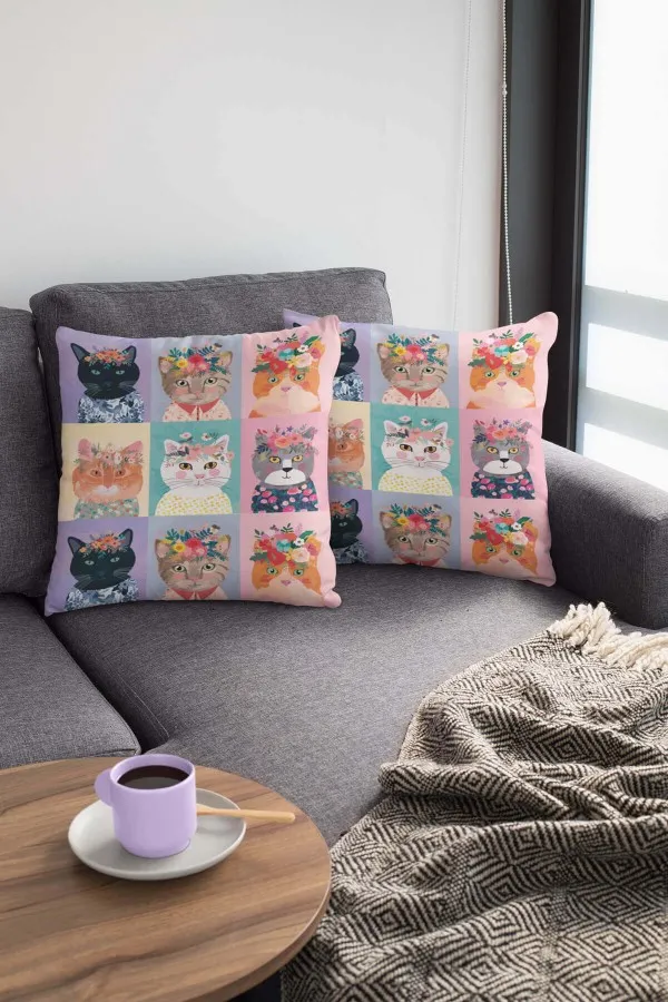 Kedi Desenli Yastık Çok Renkli Kedili Çift Taraflı Yastık Kırlent Kılıfı KRL457