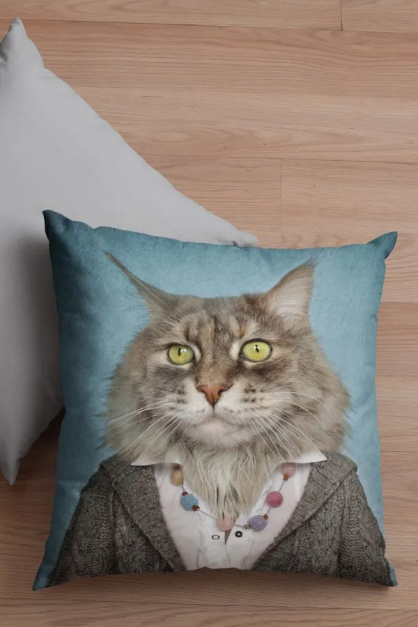 Kedi Desenli Yastık Kedi Kıyafetli Hayvanlar Çift Taraflı Kırlent Kılıfı KRL872