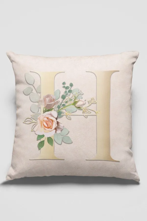 Harfli Kırlent Kılıfı Çift Taraflı Bej H Harfli Yastık Kırlent Kılıfı KRL539