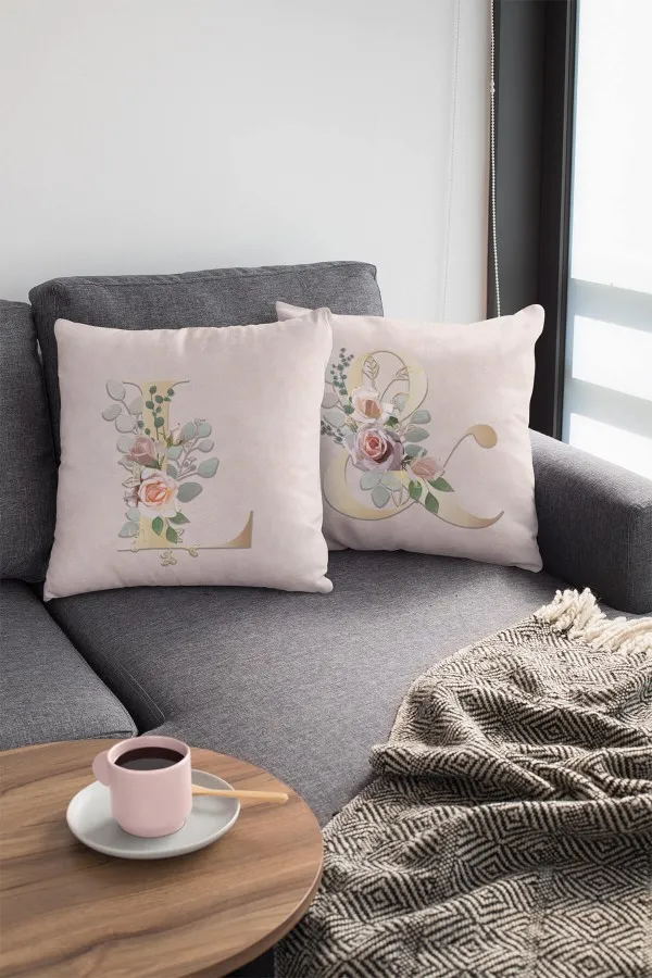 Baş Harfli Kırlent Çift Taraflı Bej L Harfli Yastık Kırlent Kılıfı KRL544