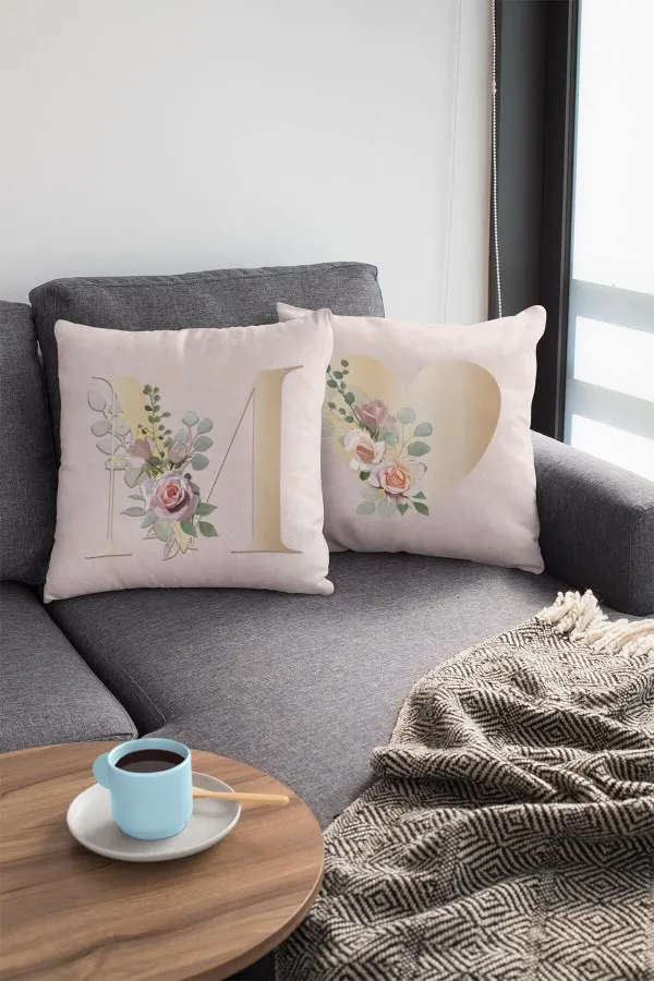 Baş Harfli Yastık Kılıfı Çift Taraflı Bej M Harfli Yastık Kırlent Kılıfı KRL545