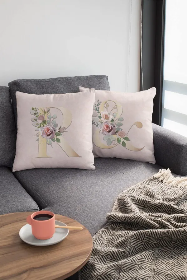 Harf Yastık Modelleri Çift Taraflı Bej R Harfli Yastık Kırlent Kılıfı KRL550