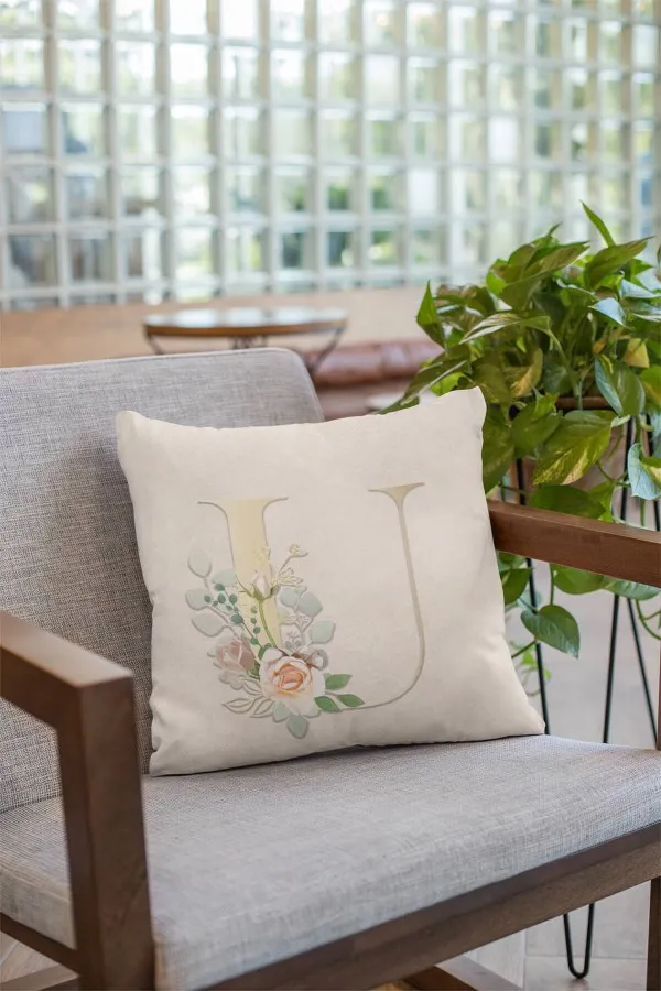 Harfli Yastık Kılıfı Çift Taraflı Bej U Harfli Yastık Kırlent Kılıfı KRL554