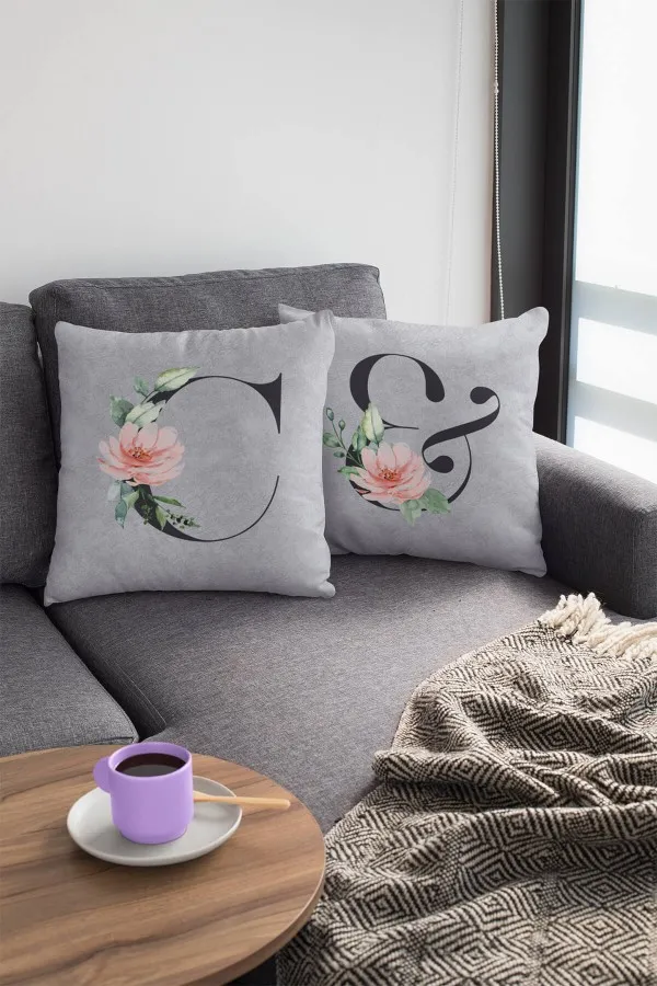 Harfli Yastık Kılıfı Çift Taraflı Gri C Harfli Yastık Kırlent Kılıfı KRL564