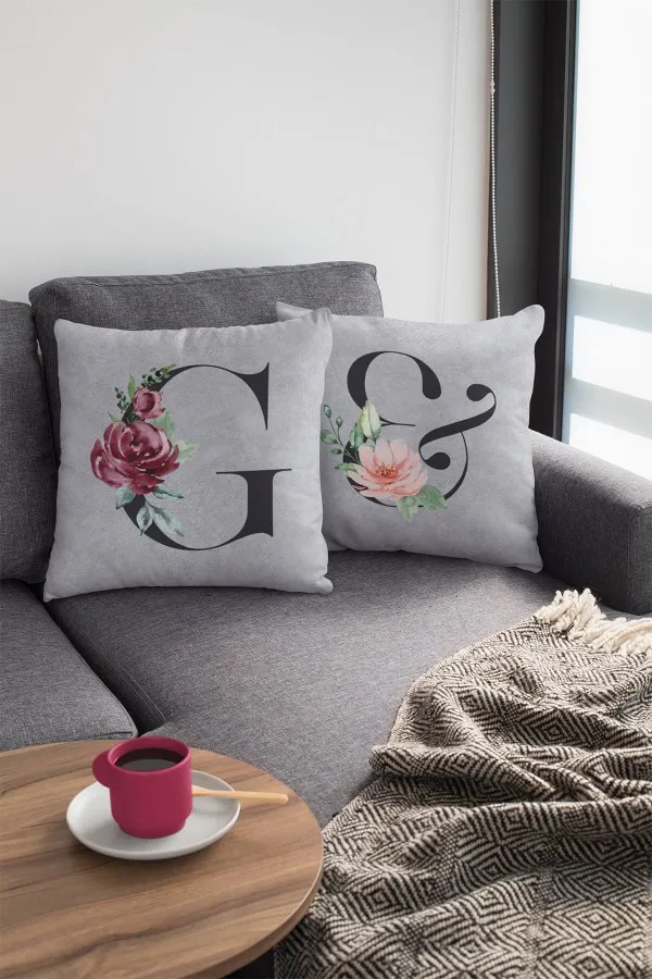 Harfli Kırlent Kılıfı Çift Taraflı Gri G Harfli Yastık Kırlent Kılıfı KRL569