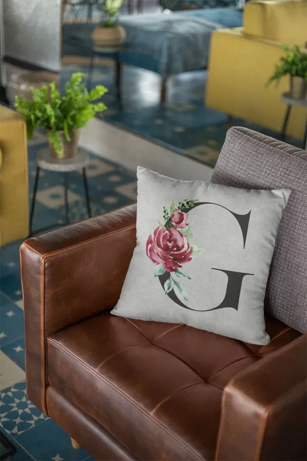 Harfli Kırlent Kılıfı Çift Taraflı Gri G Harfli Yastık Kırlent Kılıfı KRL569