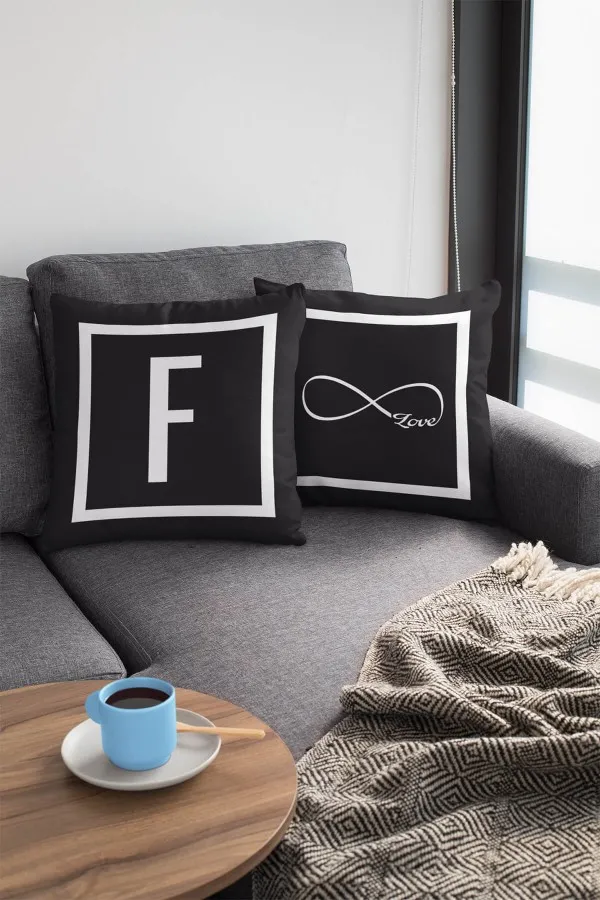 Harfli Kırlent Kılıfı Çift Taraflı Siyah F Harfli Yastık Kırlent Kılıfı KRL599