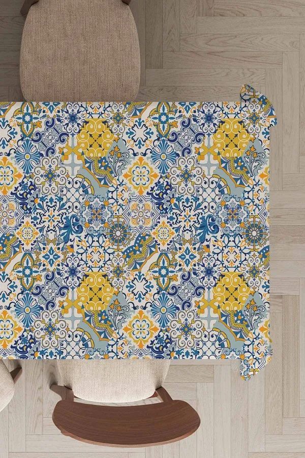 Masa Ortusu Pecete Takimi Mavi Çini Desenli Dokuma Leke Tutmaz Masa Örtüsü MSO046