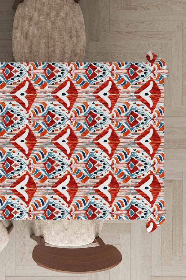100X100 Masa Örtüsü Kırmızı Etnik Desen Dokuma Leke Tutmaz Masa Örtüsü MSO055