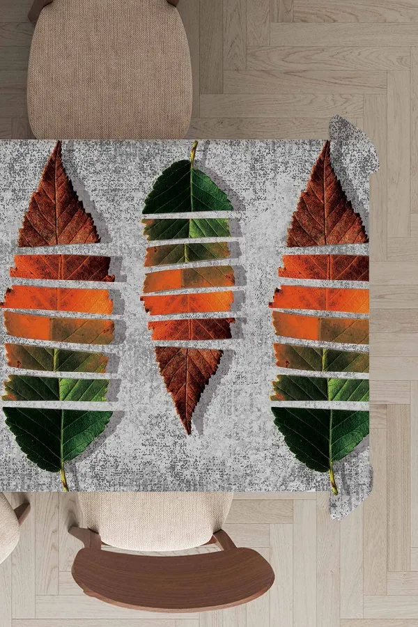 120X160 Masa Örtüsü Gri Yapraklı Dokuma Leke Tutmaz Masa Örtüsü MSO098