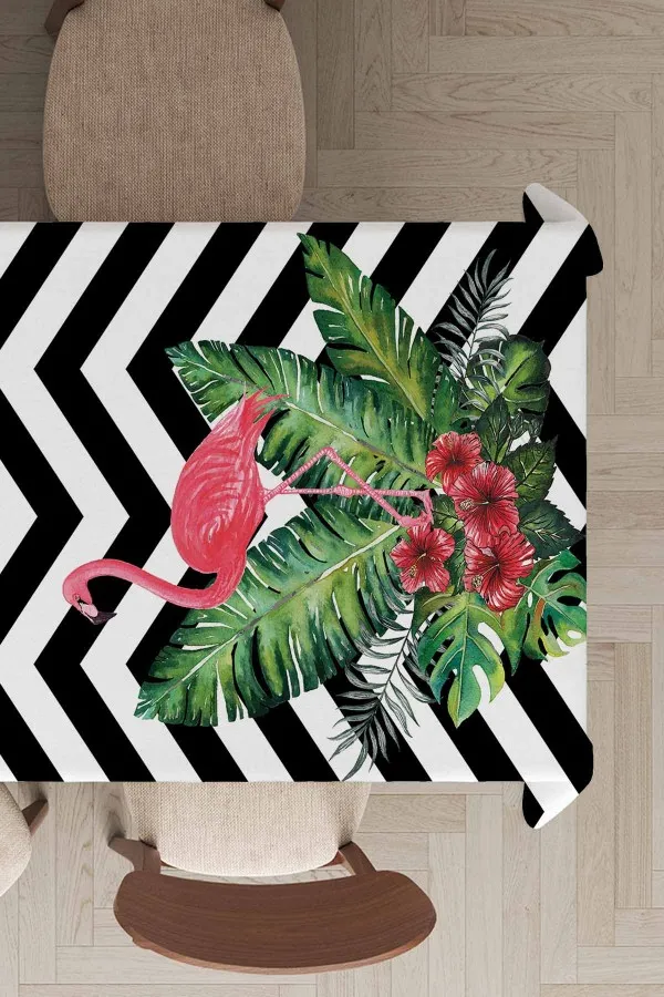 Misafir Masa Örtüsü Takımı Siyah Flamingo Dokuma Leke Tutmaz Masa Örtüsü MSO099