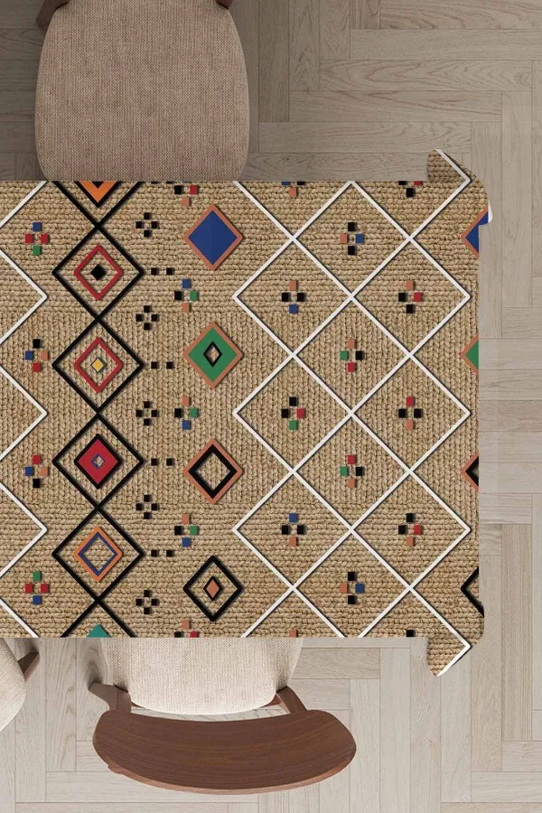 Etnik Masa Örtüsü Bej Etnik Desenli Dokuma Leke Tutmaz Masa Örtüsü MSO112