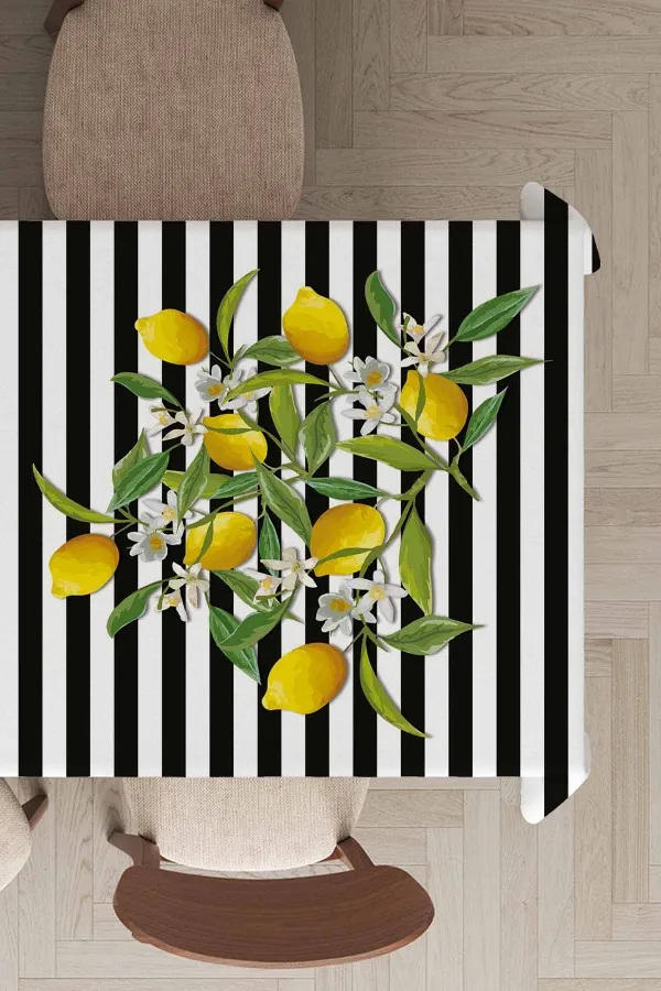 Limon Desenli Masa Örtüsü Sarı Limonlu Desen Dokuma Leke Tutmaz Masa Örtüsü MSO116