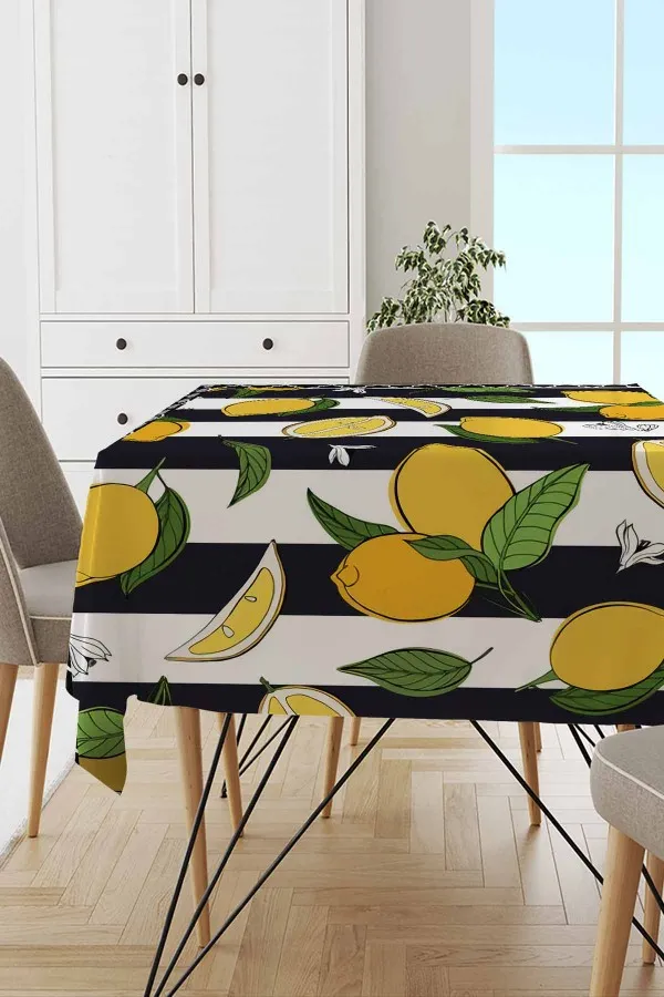 Limon Desenli Masa Örtüleri Sarı Limon Motifli Dokuma Leke Tutmaz Masa Örtüsü MSO124