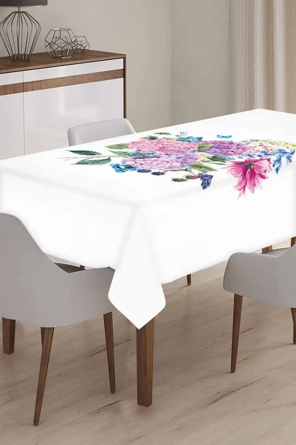 Masa Örtüsü 160X260 Ekru Çiçek Desenli Dokuma Leke Tutmaz Masa Örtüsü MSO163