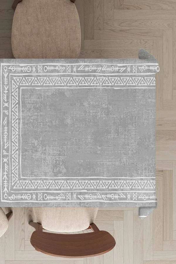 Otantik Örtü Modelleri Gri Çerçeveli Dokuma Leke Tutmaz Masa Örtüsü MSO215