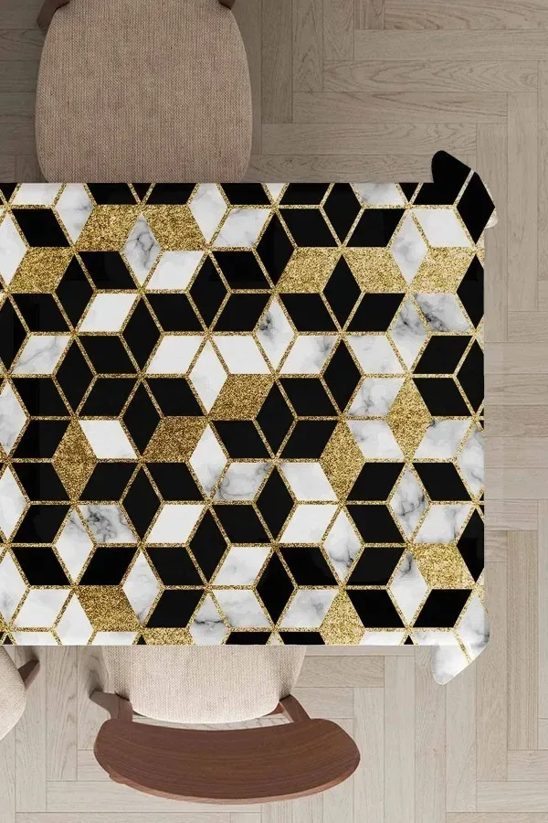 Cam Masa İçin Örtü Gold Petek Desenli Dokuma Leke Tutmaz Masa Örtüsü MSO268