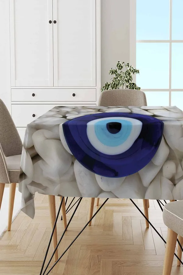 Yemek Örtüsü Lacivert 3D Nazar Boncuklu Leke Tutmaz Masa Örtüsü MSO277