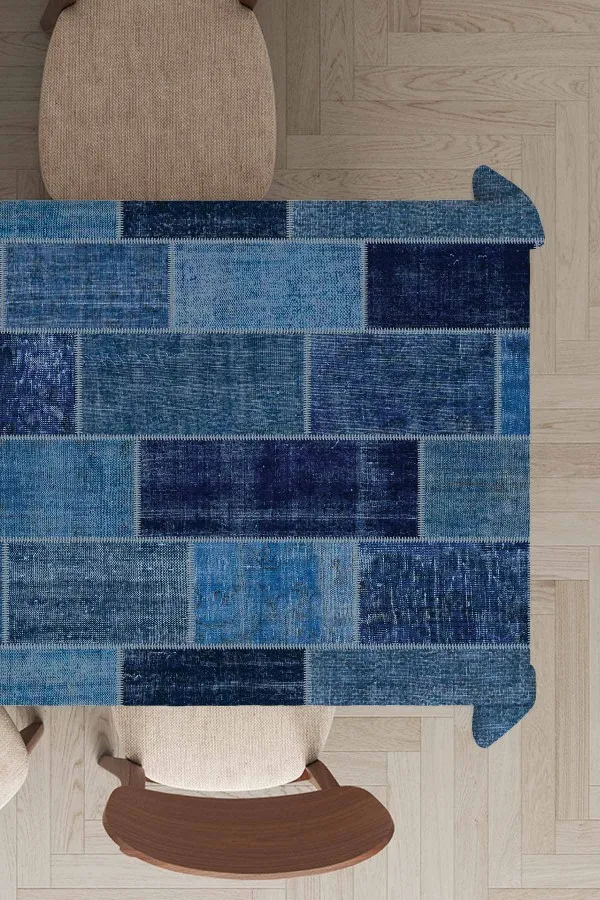 Yemek Masası Örtüsü Takımı Mavi Patchwork Dokuma Leke Tutmaz Masa Örtüsü MSO297