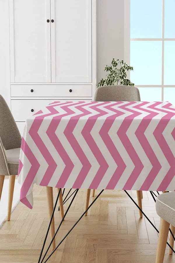 Yuvarlak Sehpa Örtüsü Pembe Zigzag Desenli Dokuma Leke Tutmaz Masa Örtüsü MSO303