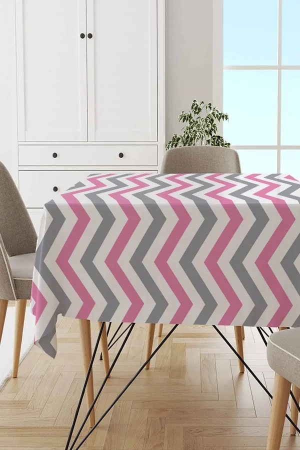 Yuvarlak Sehpa Örtüsü Modelleri Pembe Zigzag Desenli Dokuma Leke Tutmaz Masa Örtüsü MSO304
