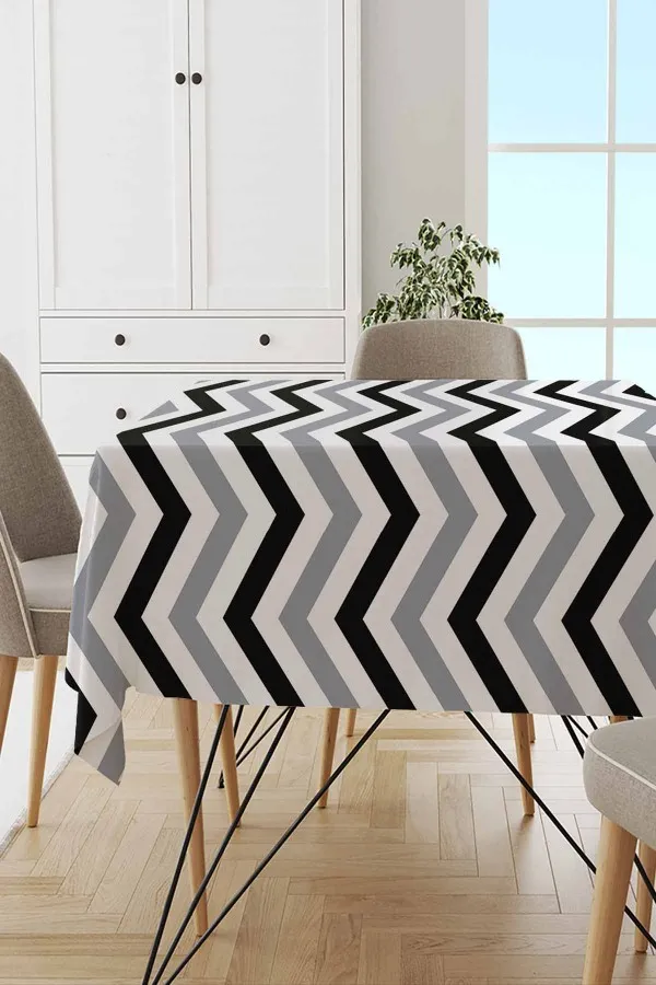 140 140 Masa Örtüsü Gri Zigzag Desenli Dokuma Leke Tutmaz Masa Örtüsü MSO305