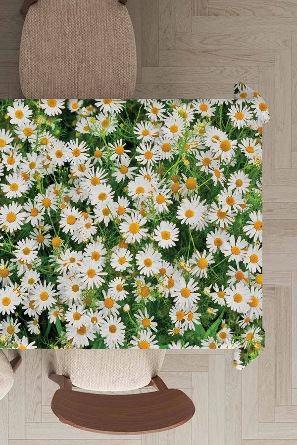 6 Kişilik Masa Örtüsü Takımı Yeşil Papatyalı Leke Tutmaz Çiçekli Masa Örtüsü MSO318