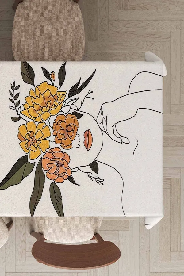 Beslenme Masa Örtüsü Ekru Modern Desenli Dokuma Leke Tutmaz Masa Örtüsü MSO341