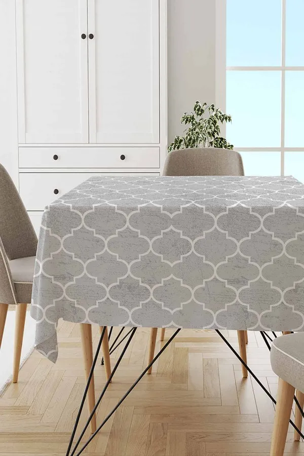 90X90 Masa Örtüsü Gri Fas Etnik Desen Dokuma Leke Tutmaz Masa Örtüsü MSO343