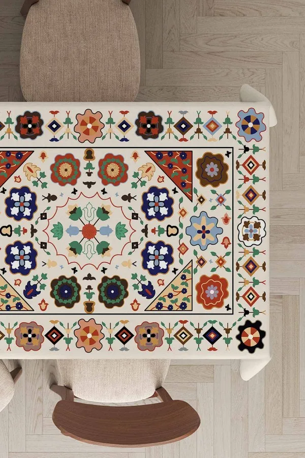 Masa Örtüsü Ebatları Krem Etnik Desenli Dokuma Leke Tutmaz Masa Örtüsü MSO357