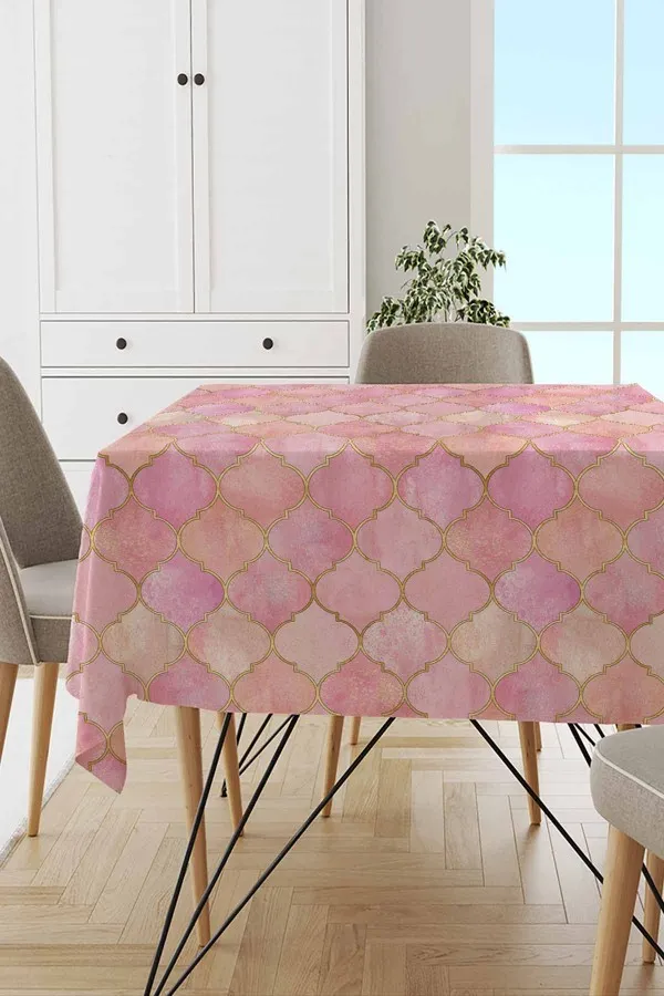 Masa Örtüsü Kumaş Fiyatları Pembe Fas Desen Dokuma Leke Tutmaz Masa Örtüsü MSO367