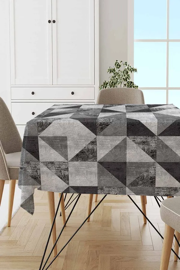 Masa Örtüsü Lastikli Füme Geometrik Desenli Dokuma Leke Tutmaz Masa Örtüsü MSO385