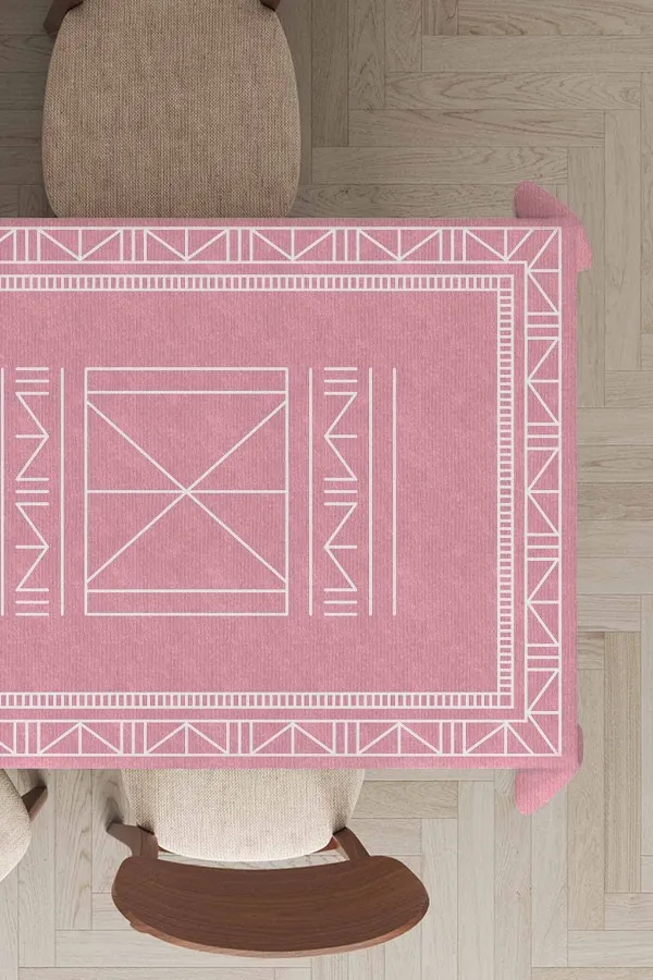 Masa Örtüsü Kumaş Modelleri Pembe Etnik Desenli Dokuma Leke Tutmaz Masa Örtüsü MSO429