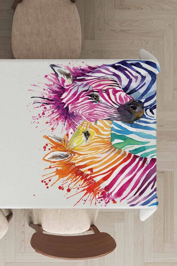 Hayvan Temalı Masa Örtüsü Ekru Zebra Hayvan Temalı Leke Tutmaz Masa Örtüsü MSO445