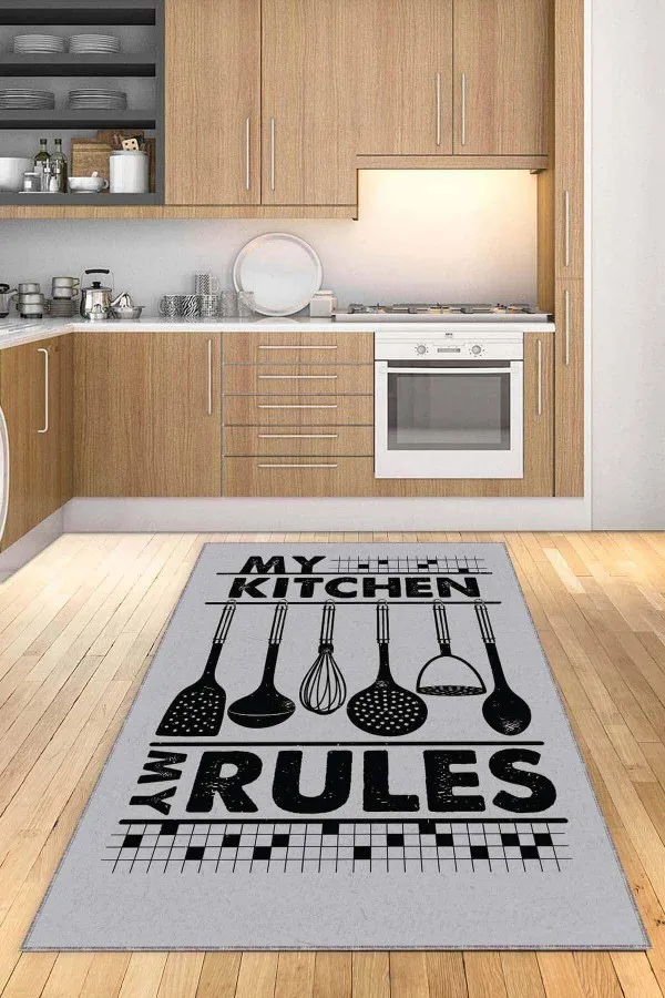 Gri Mutfak Halı Modelleri Gri Kaymaz Tabanlı My Kitchen My Rules Mutfak Halısı AR016