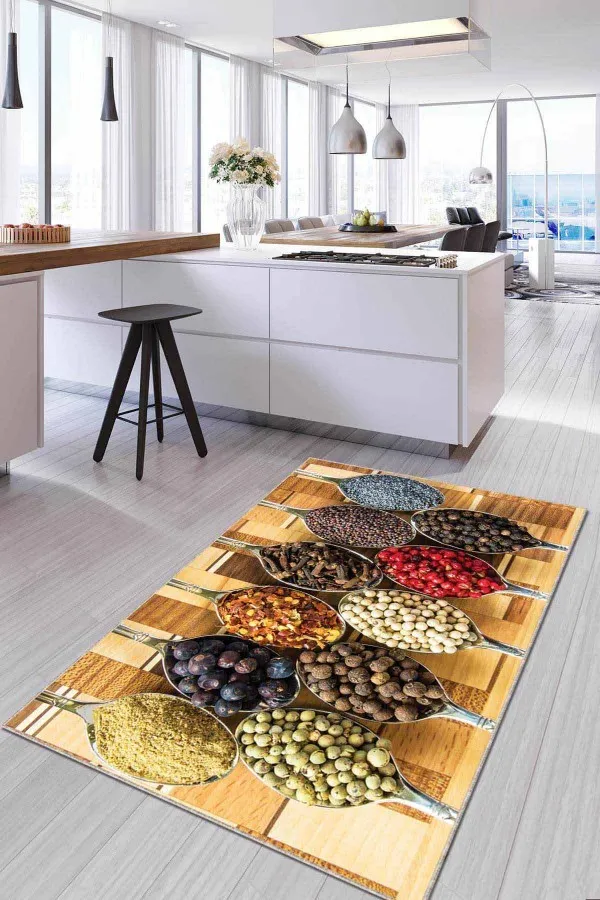 Baharat Desenli Mutfak Halısı Renkli Kaymaz Taban 3D Baharat Desenli Mutfak Halısı AR1039