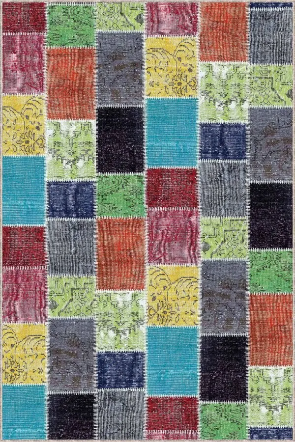 Renkli Mutfak Halı Modelleri Renkli Kaymaz Tabanlı Yıkanır Patchwork Mutfak Halısı AR1059
