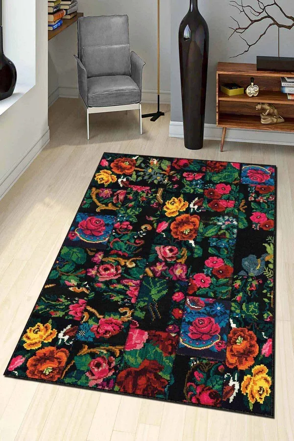 Patchwork Mutfak Halısı Renkli Kaymaz Tabanlı Yıkanır Patchwork Mutfak Halısı AR1065