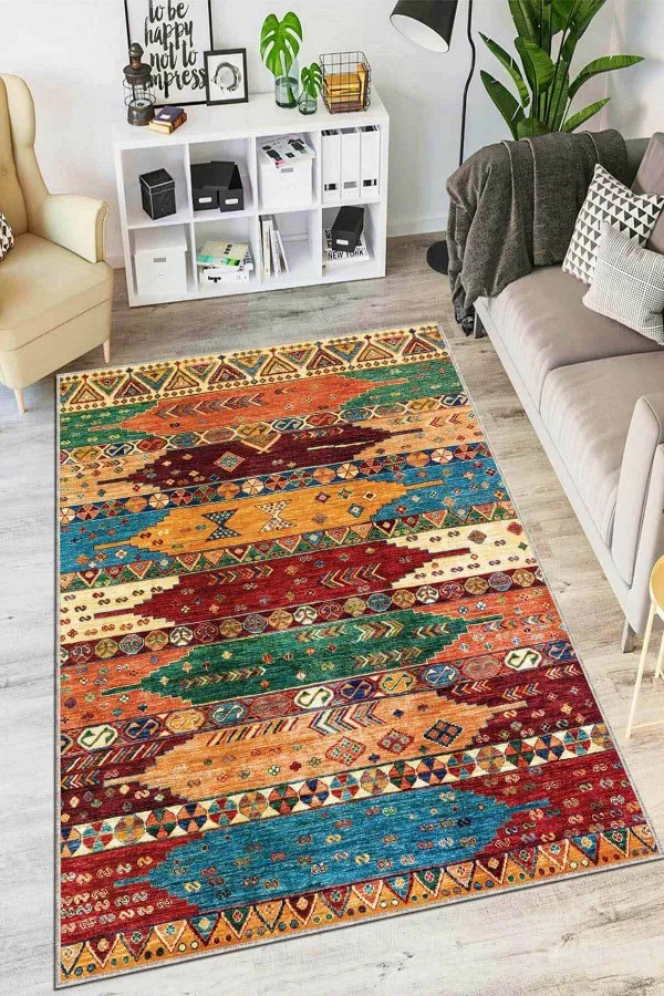 Dekoratif Mutfak Halısı Çok Renkli Kaymaz Tabanlı Etnik Desenli Mutfak Halısı AR1068