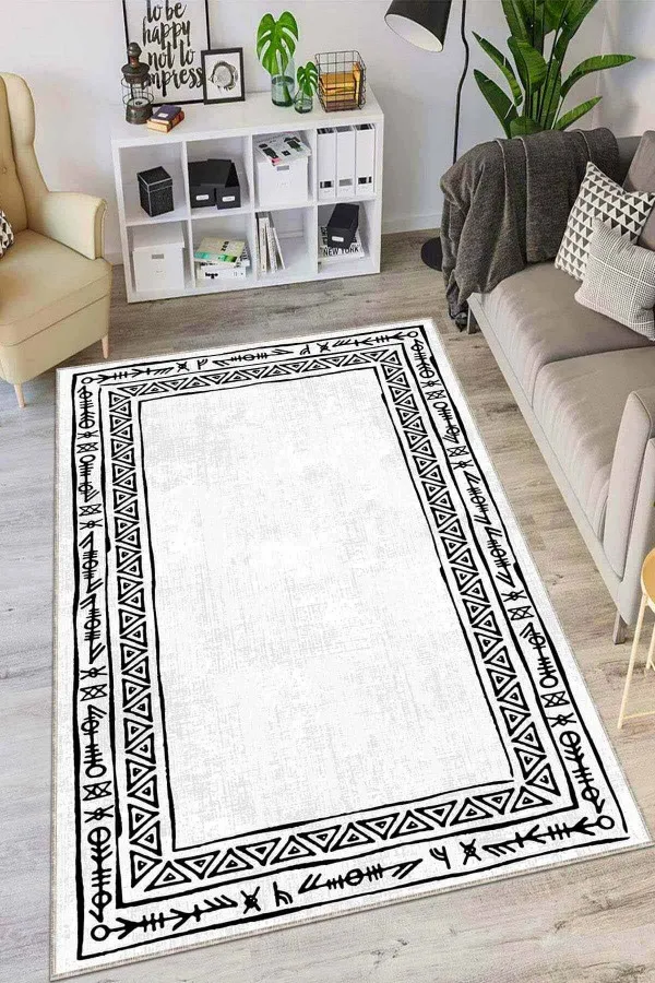 Beyaz Mutfak Halı Modelleri Beyaz Kaymaz Tabanlı Otantik Desen Mutfak Halısı AR1095