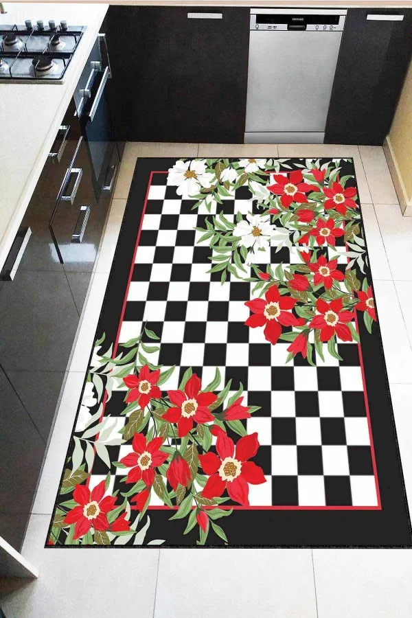 Kırmızı Mutfak Halısı Modelleri Kırmızı Kaymaz Tabanlı Çiçek Desenli Mutfak Halısı AR1271