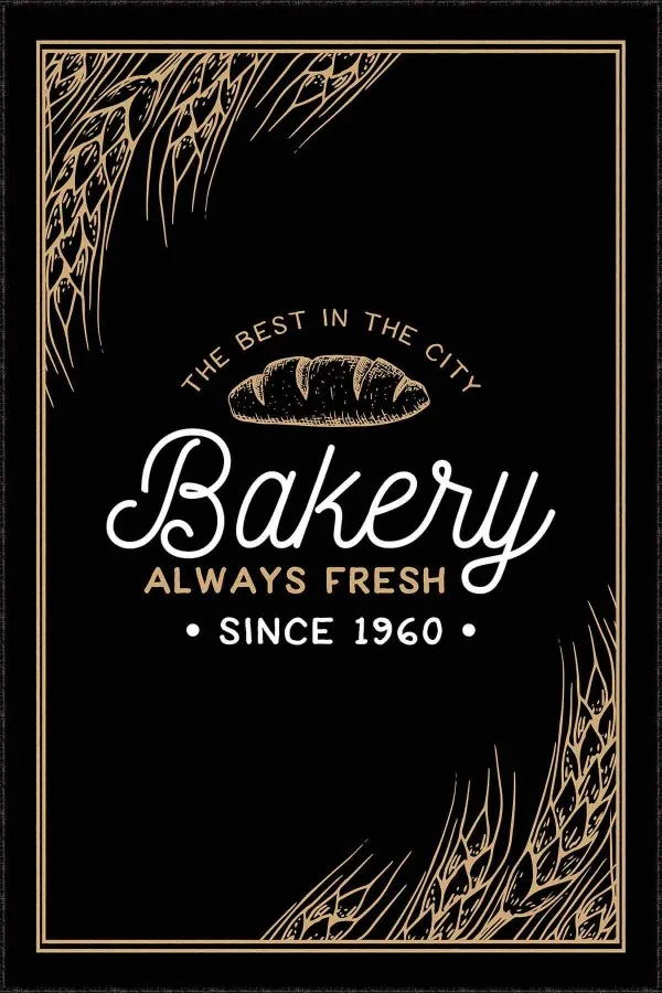 Mutfak Yazılı Halı Siyah Kaymaz Tabanlı Yazılı Bakery Mutfak Halısı AR1274