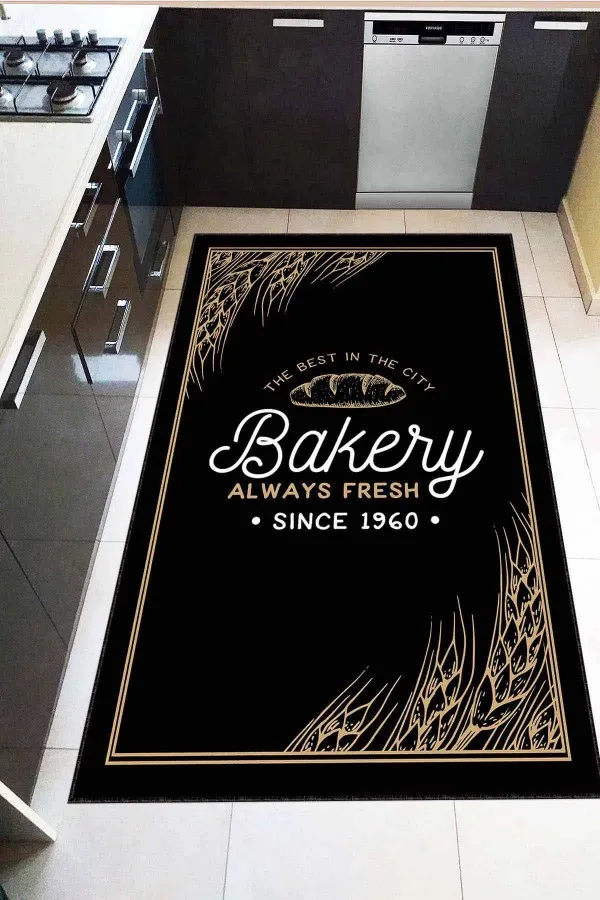 Mutfak Yazılı Halı Siyah Kaymaz Tabanlı Yazılı Bakery Mutfak Halısı AR1274