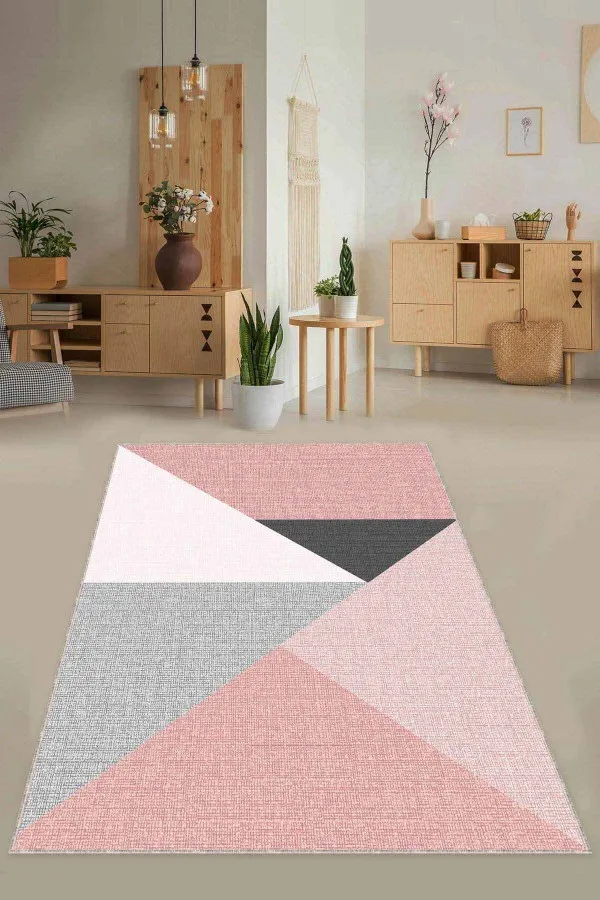 Pembe Mutfak Halısı Modelleri Pembe Kaymaz Tabanlı Geometrik Desenli Mutfak Halısı AR1322
