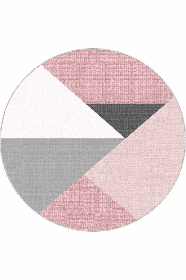 Gri Pembe Mutfak Halısı Pembe Kaymaz Geometrik Desenli Yuvarlak Mutfak Halısı AR1325